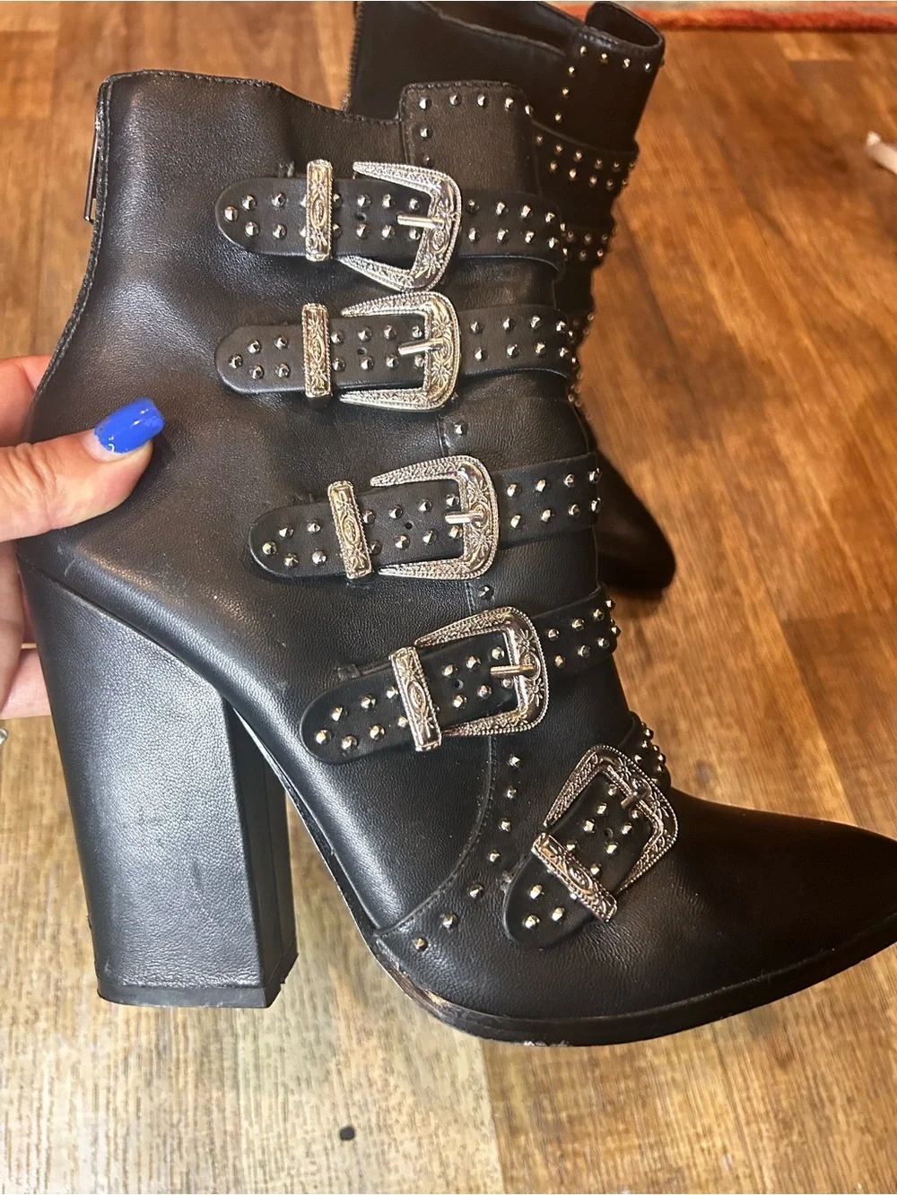 Steve Madden Comet Studded Buckle Pointed Black Leather Heel Boots Size 10
